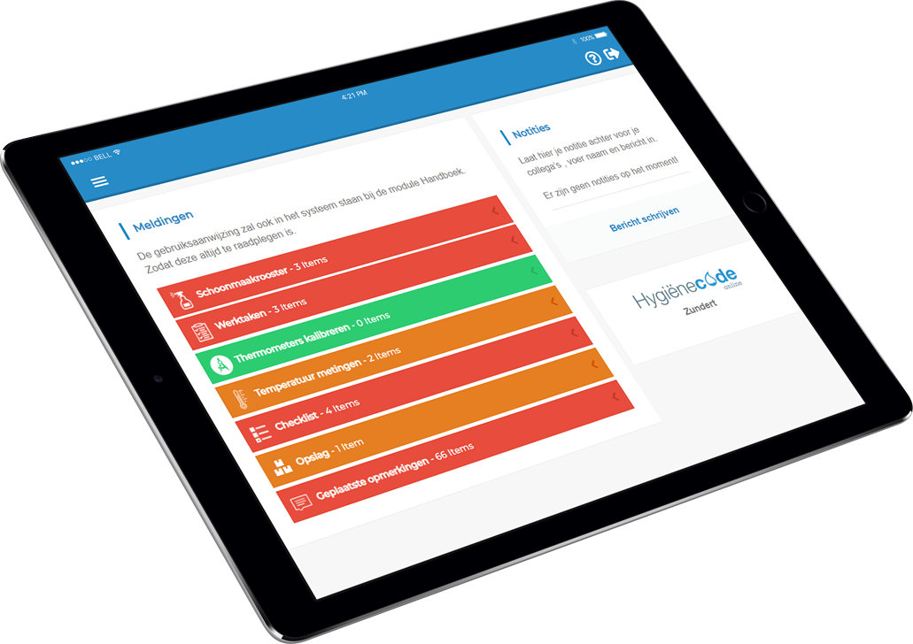Hygiënecode Online app op een tablet met de digitale registratiemodules